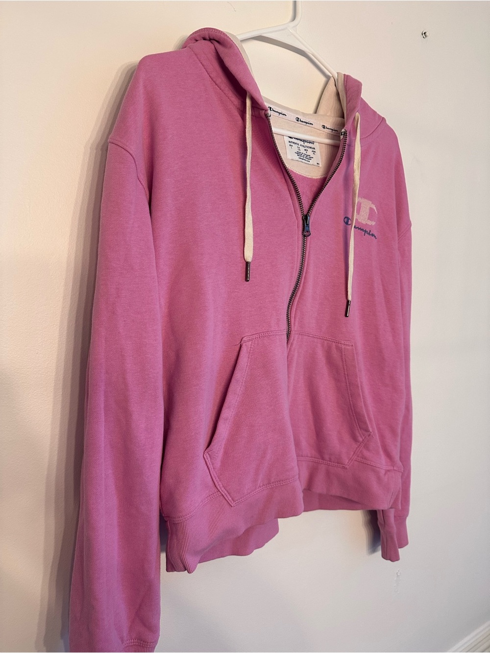Champion Pink Full Zip Hoodie Women’s Large Embroidered Logo Sweatshirt